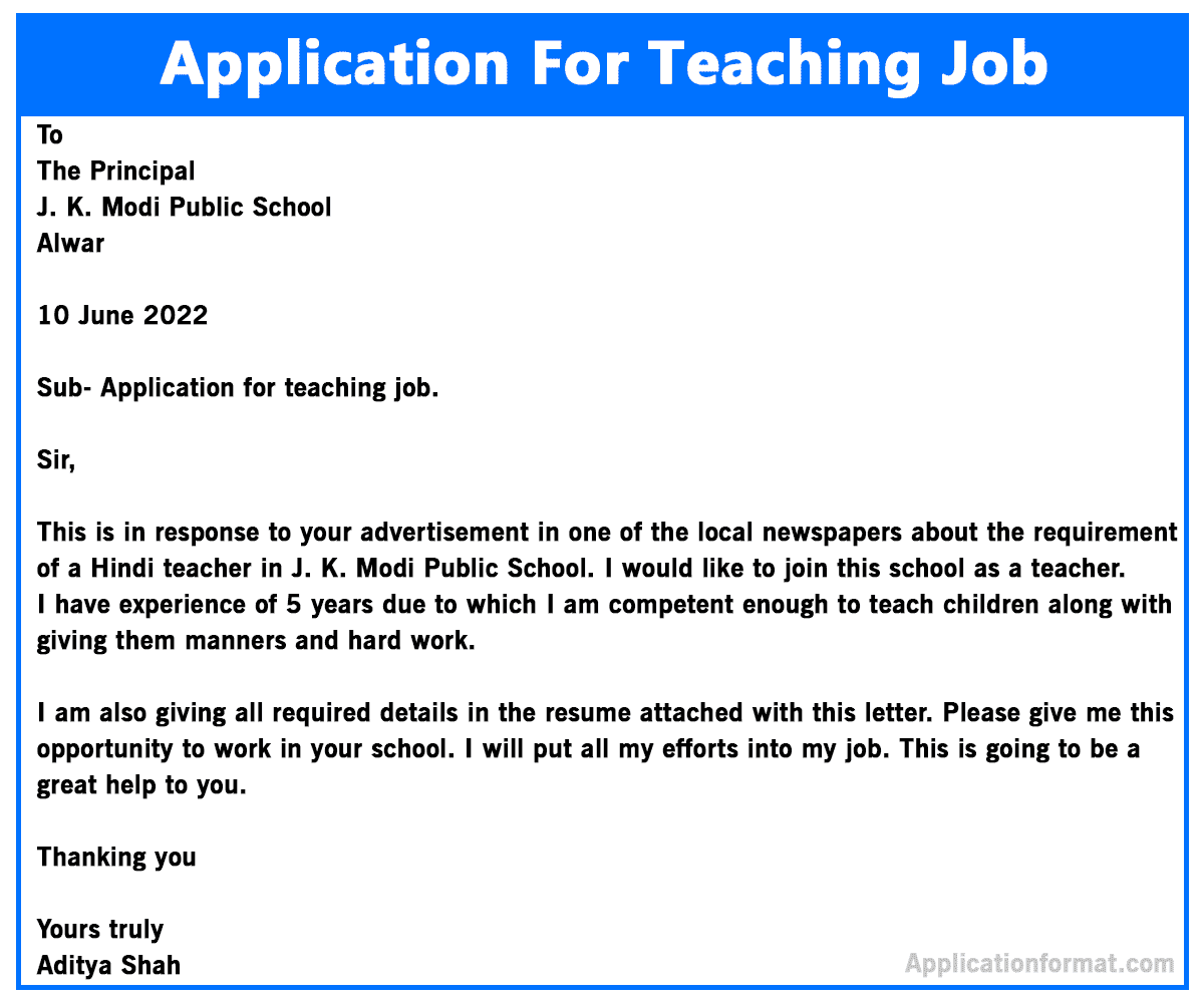 simple application letter for a teaching job